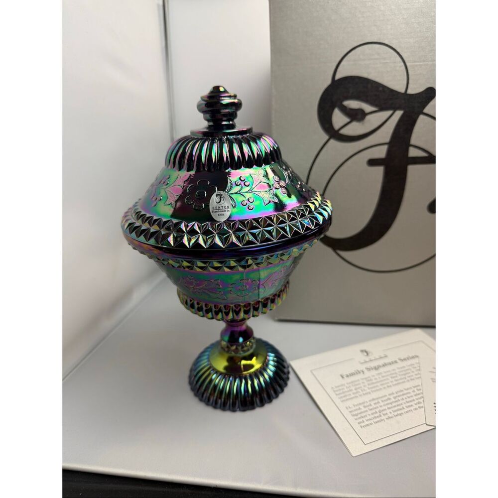 FENTON CARNIVAL COMPORT ART GLASS 2002 LE #14 family sig. FRANK M. FENTON with - Picture 3 of 9
